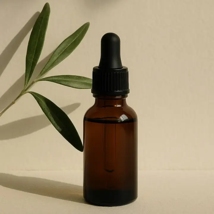 Frasco de suero con gotero sobre fondo beige